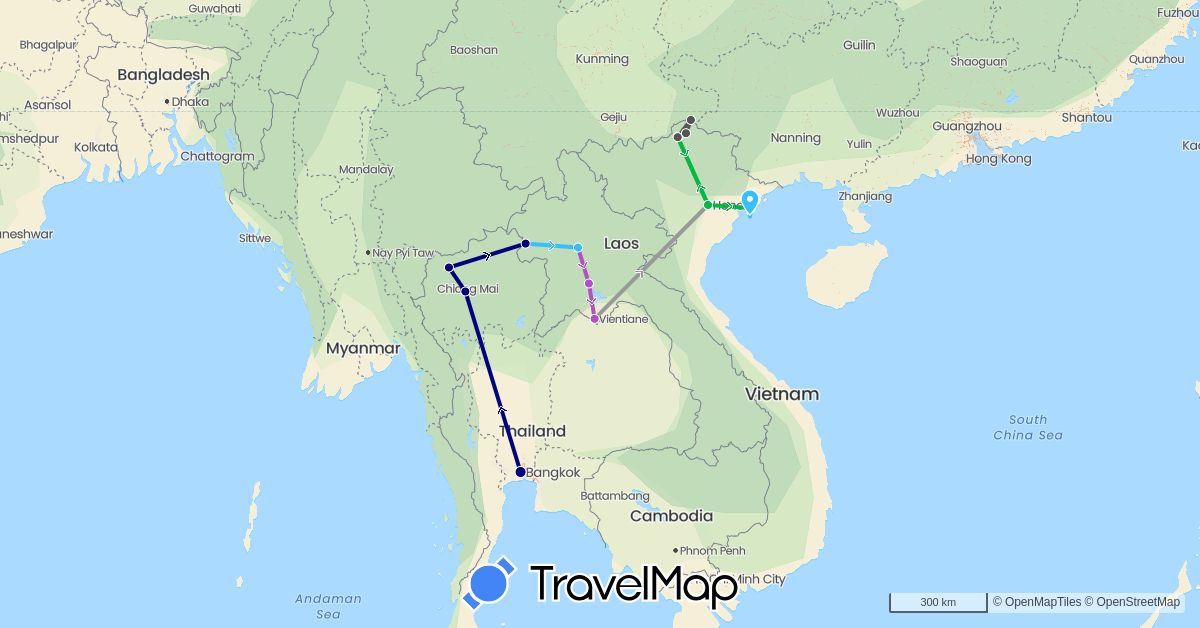 TravelMap itinerary: driving, bus, plane, train, boat, motorbike in Laos, Thailand, Vietnam (Asia)